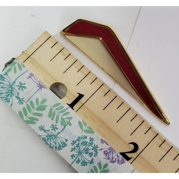 Vintage Monet Signed Long Cream/Red Enamel Gold Trim Triangle Earrings Post - Picture 8 of 8